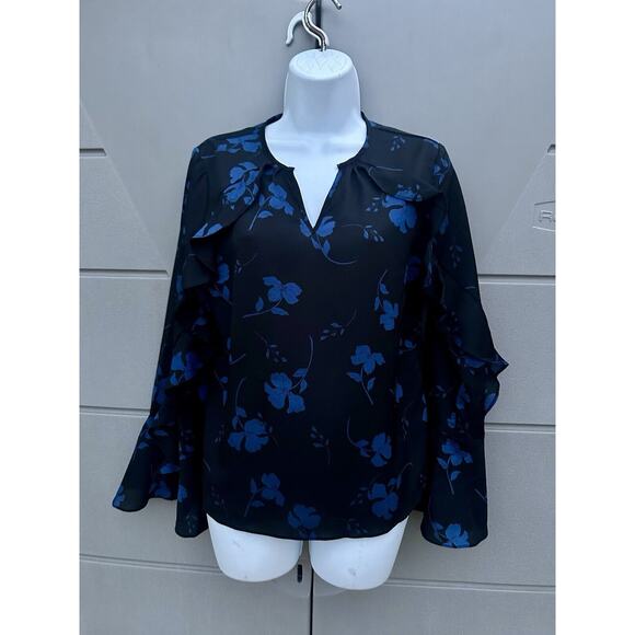 Tahari Black/Blue Fulton Stems Ruffle V-neck Bell Sleeves Blouse Top Size S NEW - Picture 1 of 10